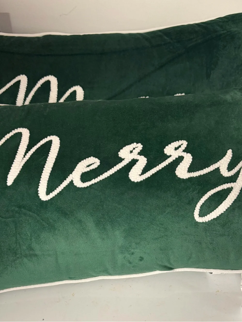 Velvet Holiday Decorative Pillow in Emerald Green with White Piping